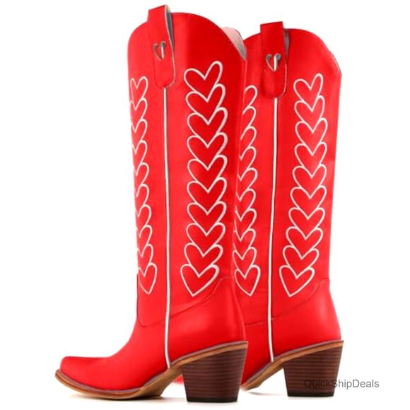 Knee High Cowboy Boots with Hearts, 2 Inch Block Heel, Distressed Western Style - Picture 4 of 4